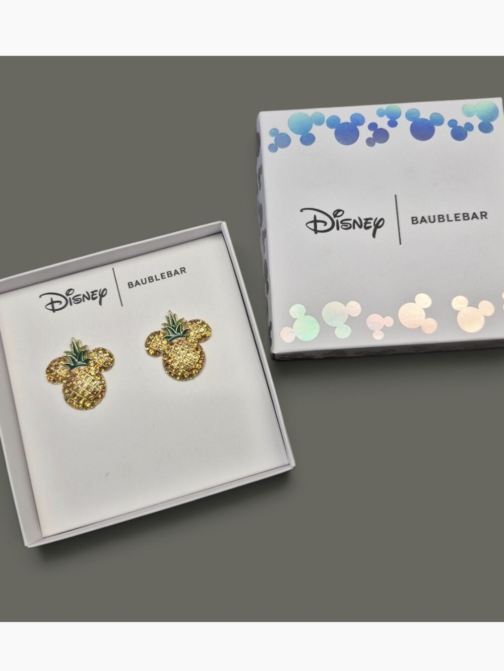 Disney x BaubleBar Pineapple Mickey Mouse Earrings featuring (GoldTone,&Crystal)